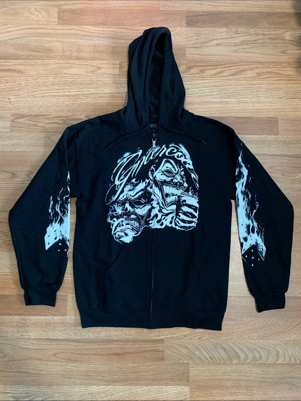 Black Graphic Zip Hoodie with White Mask Artwork new without tag